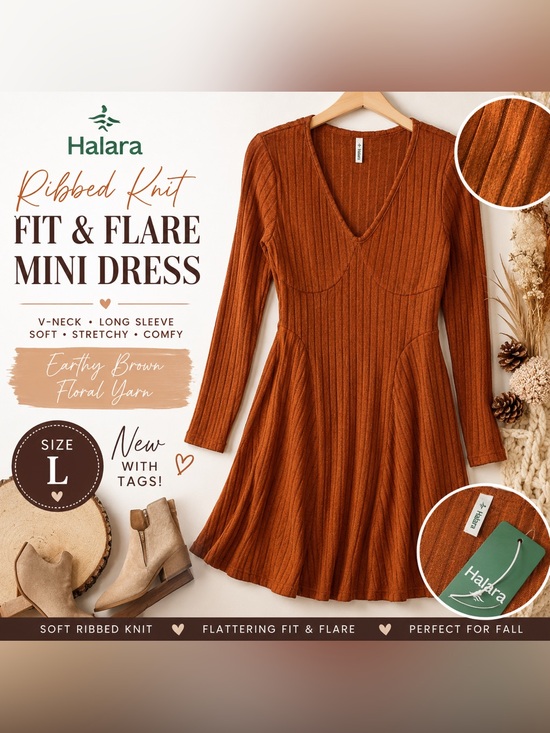 HALARA Dresses & Skirts - NWT Halara Ribbed Knit V-Neck Fit & Flare Mini Dress Earthy Brown Large